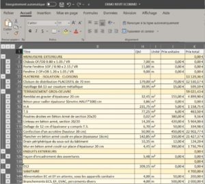 Export Excel rapport de quantités REVIT