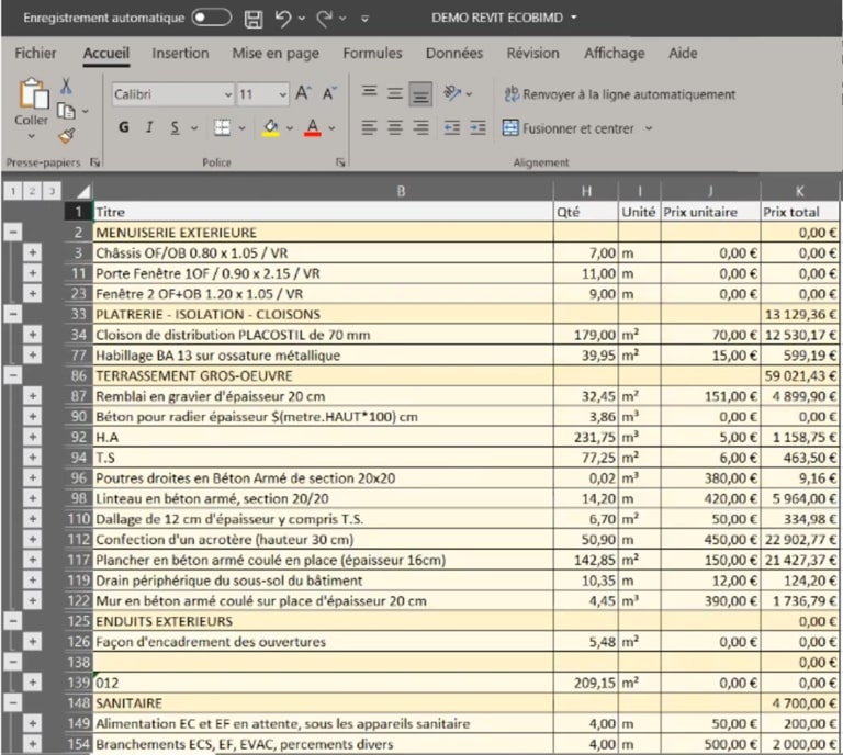 Export Excel rapport de quantités REVIT
