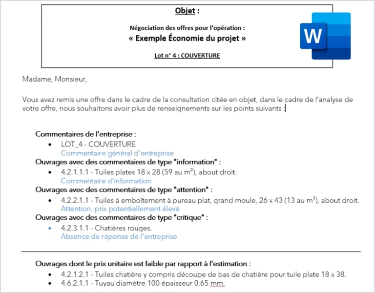 Rapport de commentaires DeviSOC logicel de métrés