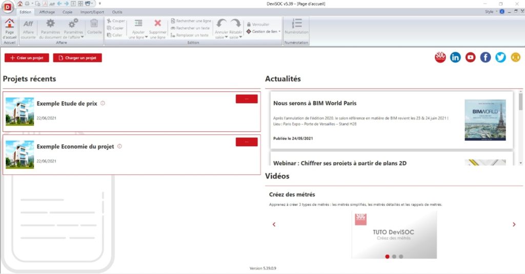 Startpage DeviSOC logiciel de métrés